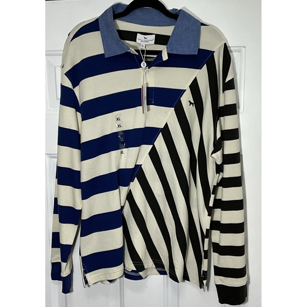 Simply Southern Long Sleeve Knitted Navy/Black Striped Embroidered Polo Men's XL